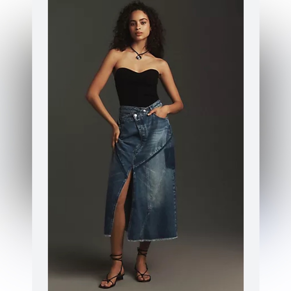 Anthropologie Pilcro Elsia Patchwork Denim Flounce Midi Skirt Nuuly Size 4